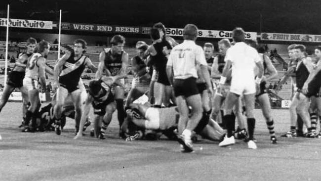 The huge melee at Football Park after Scott Salisbury elbowed Richard Champion in the 1990 Foundation Cup grand final.