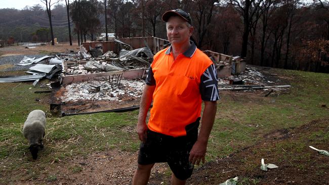 Mr Hillyar’s sheep grazes in front of the remains of his home. Picture: Toby Zerna