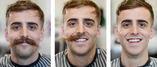 Crows Jordan Gallucci has his moustache shaved off by barber Grant Freeman at The Fellow Barber at Henley Beach. Picture: AAP/Mark Brak