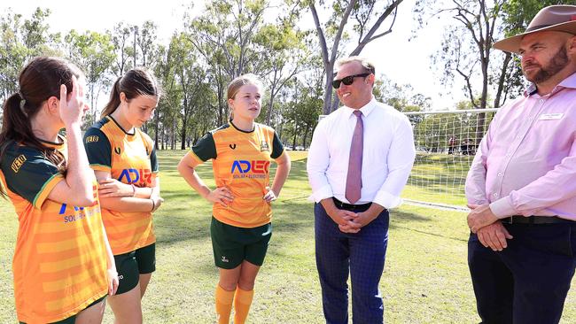 Premier Steven Miles visits Rockhampton with Labor candidate Craig Marshall and plays a bit of soccer with the kids. Pics Adam Head