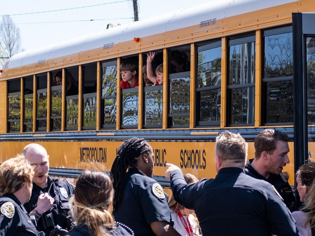 School buses with children arrive at Woodmont Baptist Church to be reunited with their families after a mass shooting at The Covenant School on March 27, 2023 in Nashville, Tennessee. Picture: Seth Herald/Getty Image