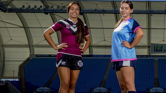 Titans Cup rugby league’s Leilani Taofinuu, 13 (Marsden) and Lily Prendergast, 17 (Marymount College). Picture: Jerad Williams