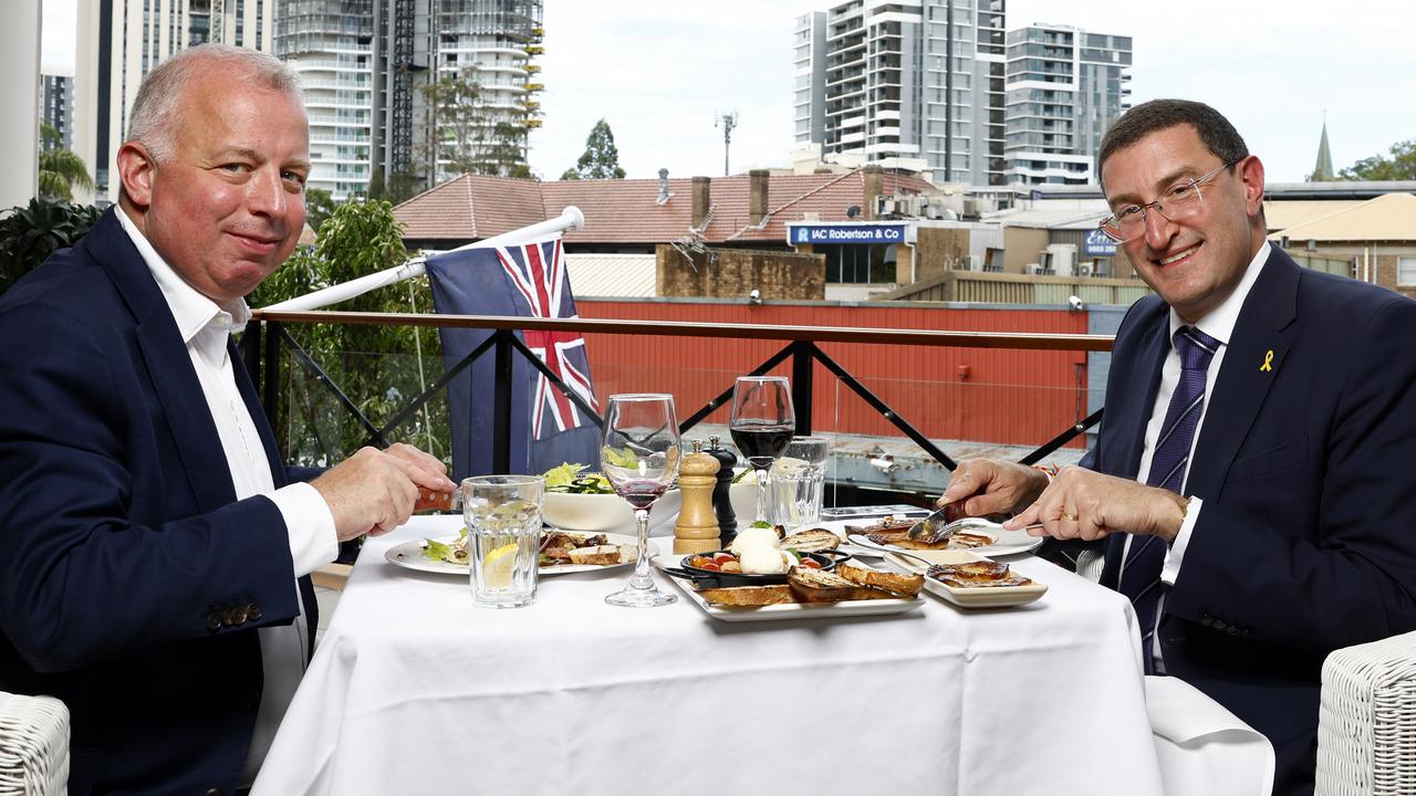 Journalist James Morrow (left) and Julian Leeser sit down for their High Steaks interview. Picture: Jonathan Ng