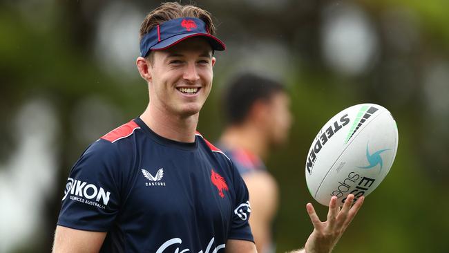 SYDNEY, AUSTRALIA - MARCH 29: Sam Verrills smiles during a Sydney Roosters NRL training session at Kippax Lake on March 29, 2022 in Sydney, Australia. (Photo by Mark Metcalfe/Getty Images)