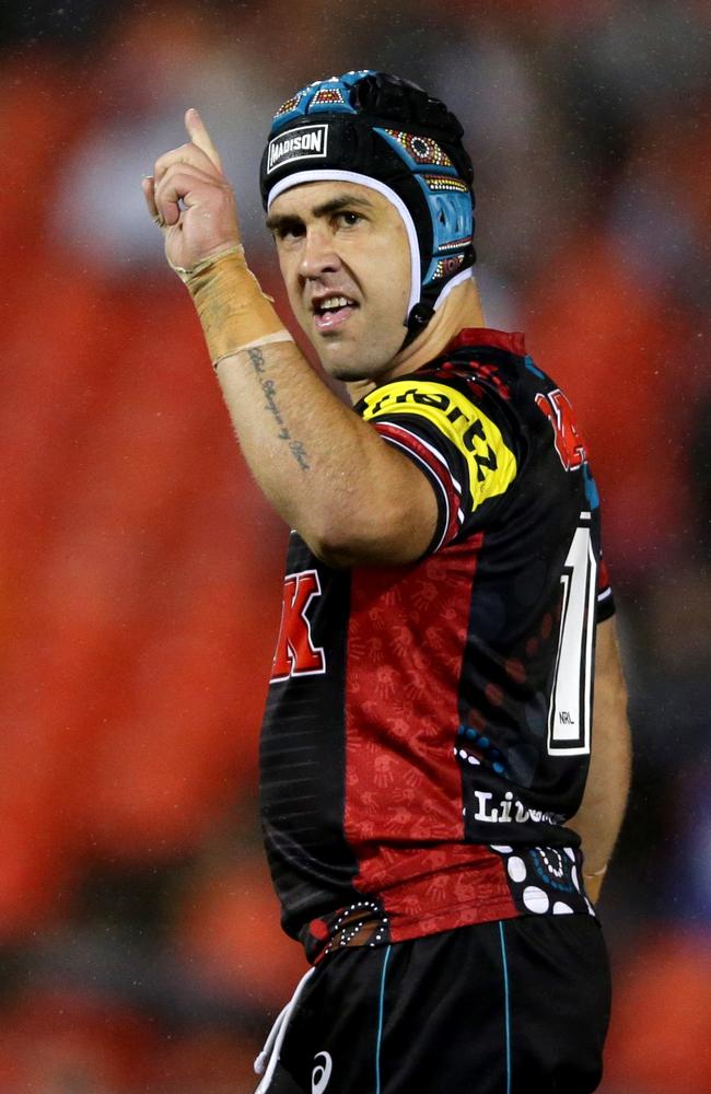 Panther's Jamie Soward celebrates beating the Cowboys.