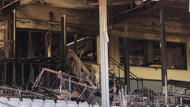 Damage is clearly visible inside the Norman Robinson Grandstand at Caulfield Racecourse where a suspicious fire started after 6am this morning.Picture: Ian Currie