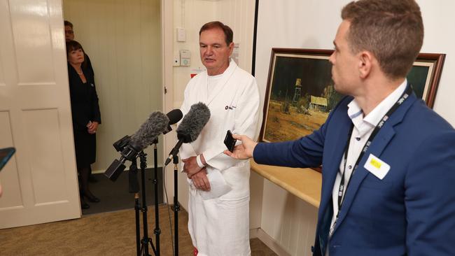 Dressed in a hospital dressing gown, Cr Paul Pisasale announced his resignation at a press conference. Picture: Peter Wallis