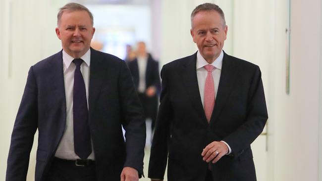 Anthony Albanese with Bill Shorten on their way to the caucus meeting. Picture: Kym Smith.