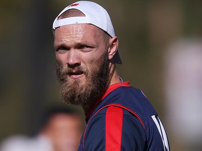 MELBOURNE, AUSTRALIA - MARCH 27: Max Gawn of the Demons looks upfield during a Melbourne Demons AFL training session at Gosch's Paddock on March 27, 2019 in Melbourne, Australia. (Photo by Michael Dodge/Getty Images)