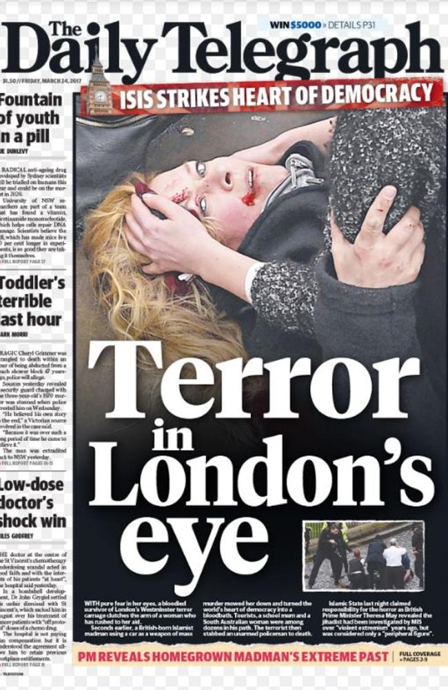 Melissa Cochran's face reflecting the horror that was unfolding in London was on the cover of The Daily Telegraph yesterday.