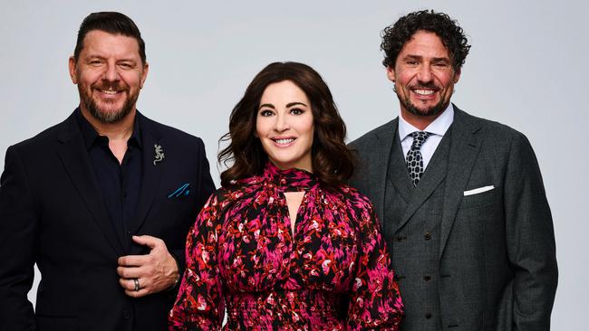 Nigella Lawson alongside the mischievous Manu Feildel and Colin Fassnidge. Picture: Seven