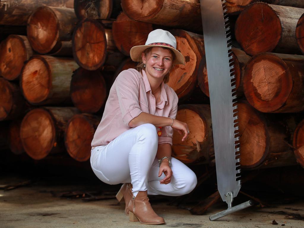 Emily Scrivener, 21, from Yarrowitch, NSW, who competes in the double handed sawing at the Woodchop Stadium, at The Royal Easter Show, today. Picture:Justin Lloyd