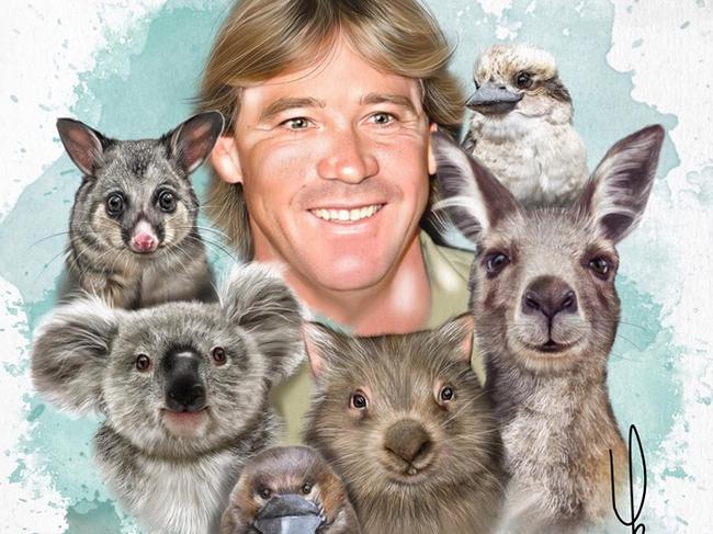 Steve Irwin surrounded by Australian wildlife following the bushfires. Picture: Debb Oliver/The Monkey Brush