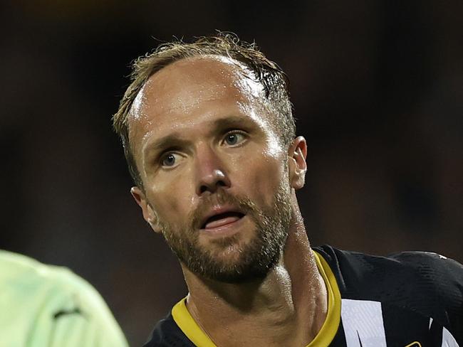 SYDNEY, AUSTRALIA - JANUARY 25: Valere Germain of the Bulls celebrates scoring a goal during the round 16 A-League Men match between Macarthur FC and Melbourne City at Campbelltown Stadium, on January 25, 2025, in Sydney, Australia. (Photo by Mark Evans/Getty Images)