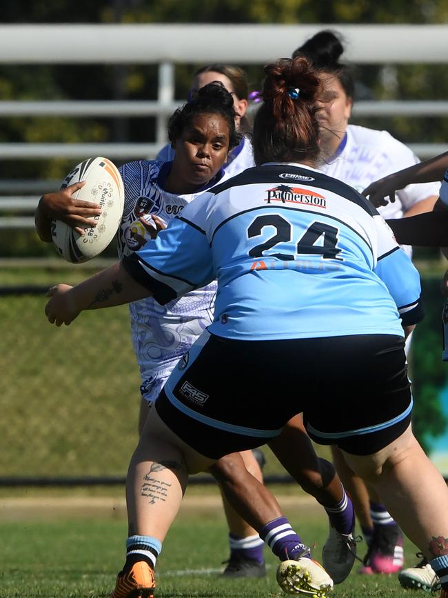 Darwin Brothers' Womens Calista Boyd plays against Sharks in the Humpty Dumpty Foundation round of 2022 NRLNT season. Picture: (A)manda Parkinson