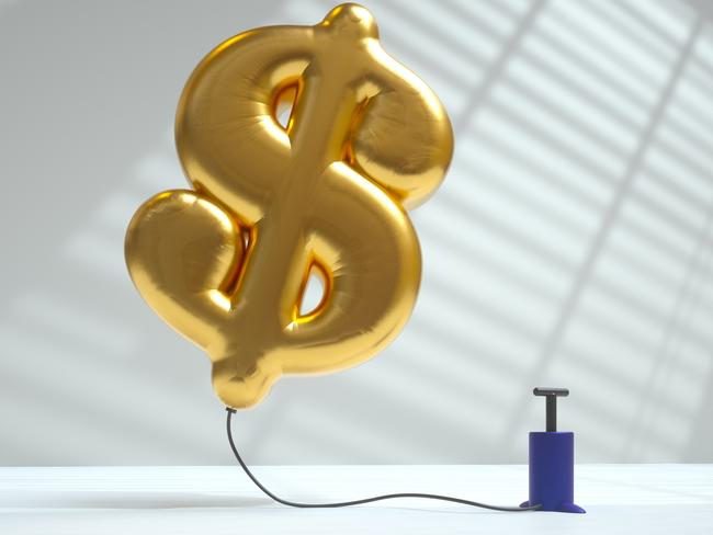 Digital generated image of golden air balloon in shape of dollar sign inflated using pump and flying up on white background. Inflation concept.