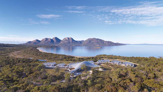 EMBARGO FOR TWAM 03 SEPTEMBER 2022. FEE MAY APPLY. Saffire Freycinet luxury resort in Coles Bay, TAS. Aerial. Source: Supplied