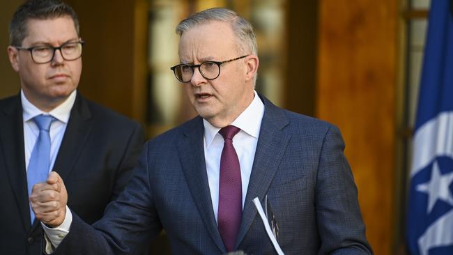 The Prime Minister, Anthony Albanese, Deputy Prime Minister and Minister for Defence, Richard Marles, Minister for Defence Industry, Pat Conroy, and the Chief of the Defence Force, General Angus Campbell hold a press conference after releasing the Defense Strategic Review at Parliament House Canberra. Picture: NCA NewsWire / Martin Ollman