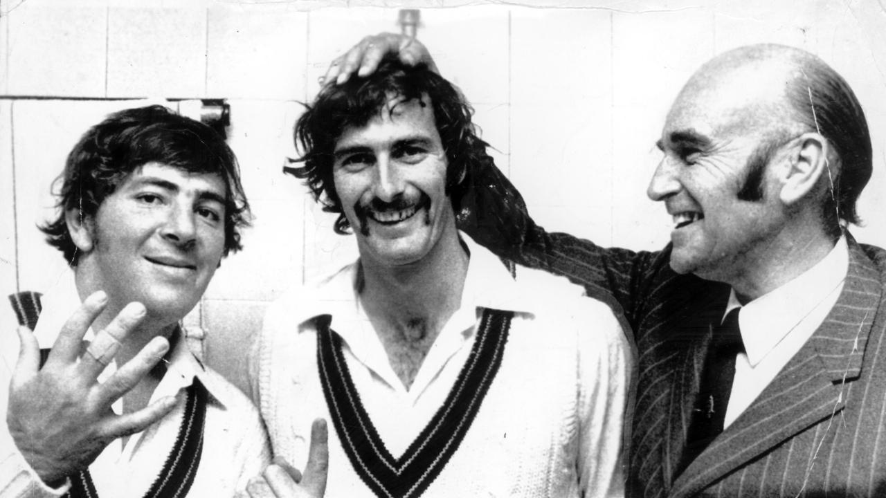 1972. Dennis Lillee, who took 6 wickets, is congratulated by teammate Rod Marsh and team manager Ray Steele. England v Australia. Old Trafford? Cricket. SUPPLIED PHOTO?