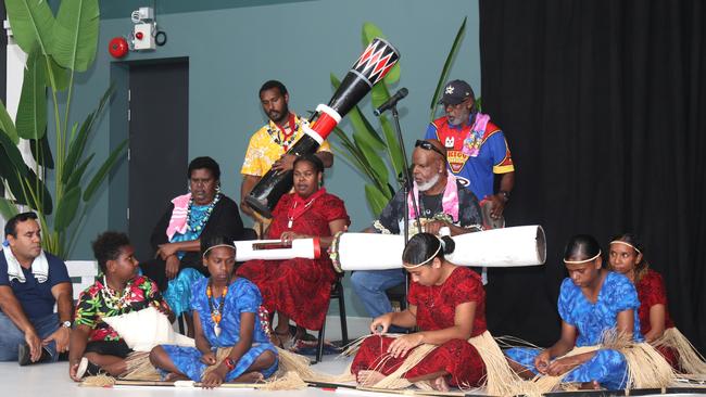 Torres Strait dancers perform a welcome to country ceremony at the grand opening of the new Screen Queensland studios in Portsmith. Picture: Peter Carruthers