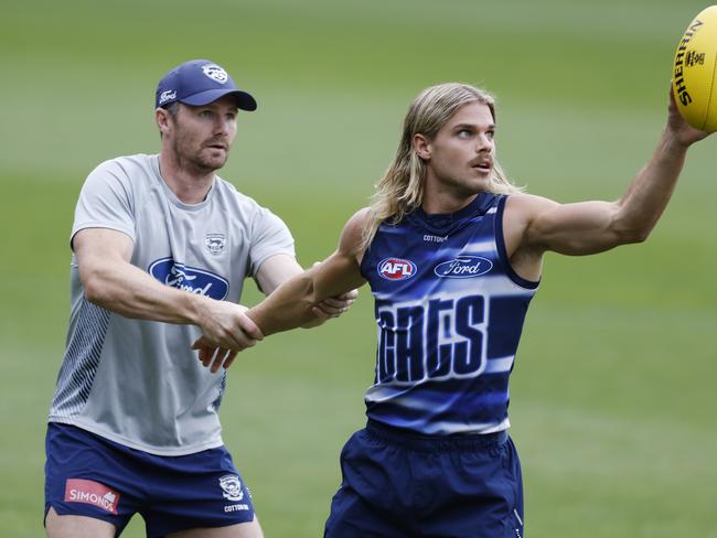 And Cats Patrick Dangerfield and Bailey Smith ahead of the season opener. Picture: Michael Klein