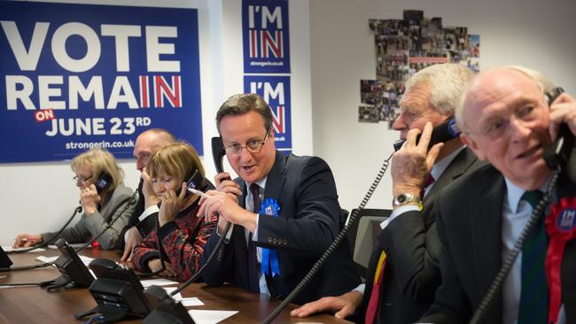 British prime minister David Cameron, centre, makes campaign calls in London for Britain Stronger in Europe, the official Remain campaign organisation for the 2016 EU referendum. Picture: AFP