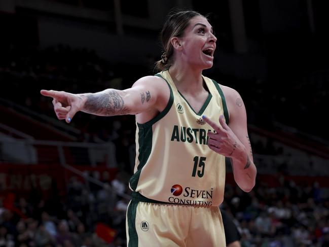 SHENYANG, CHINA - MAY 31: Cayla George #15 of Australia reacts during International Friendly match between China and Australia at Liaoning Sports Center on May 31, 2024 in Shenyang, China. (Photo by Lintao Zhang/Getty Images)