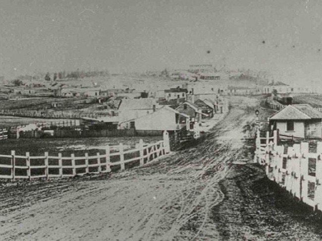 Mains Bridge at Flemington, looking north-west up Flemington Rd, in 1870. Picture: City of Moonee Valley