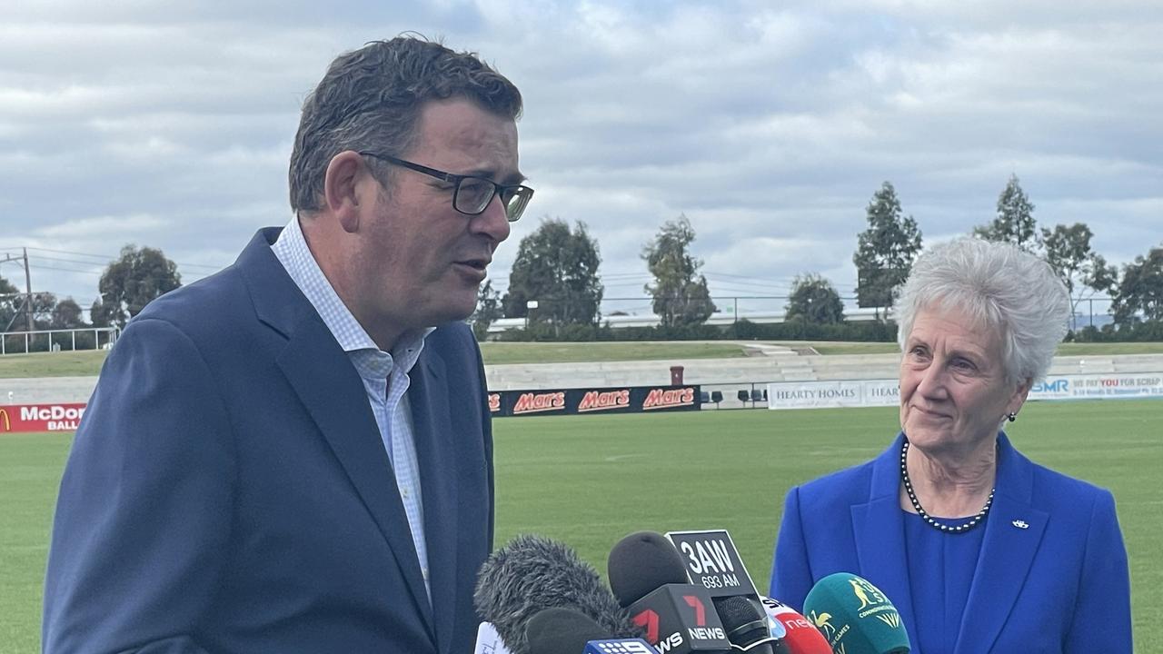 Premier Daniel Andrews and Dame Louise Martin at Mars Stadium, Ballarat, making the announcement. Picture: Timothy Cox
