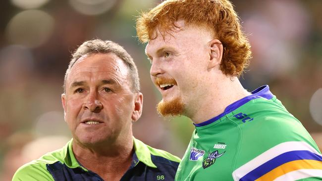 CANBERRA, AUSTRALIA - MARCH 19: Raiders coach Ricky Stuart celebrates after winning the round three NRL match between Canberra Raiders and Cronulla Sharks at GIO Stadium on March 19, 2023 in Canberra, Australia. (Photo by Mark Nolan/Getty Images)