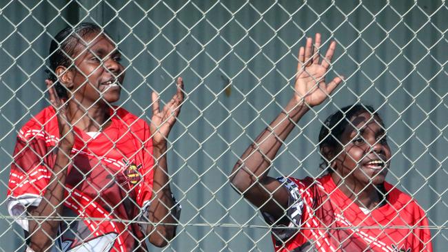 Kalarno Bombers bench emotional against the Wadeye Magic in a weekend of Music, Sport and Culture at the Barunga Festival. Picture Glenn Campbell