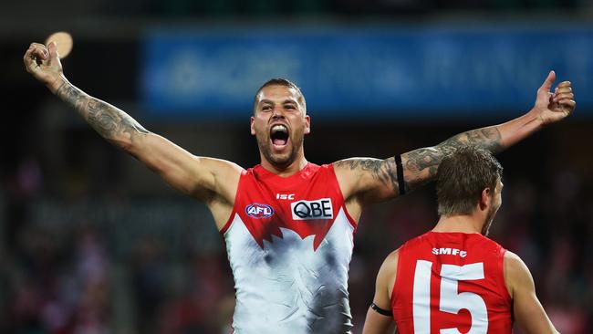 Lance Franklin celebrates his 10th goal against Carlton, during a game where he scored 183 SuperCoach points. Picture: Phil Hillyard.