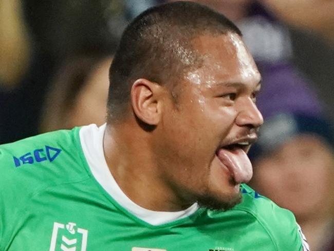 Joey Leilua of the Raiders runs with the ball over the try line but was later overused during the NRL Second Qualifying match between the Melbourne Storm and the Canberra Raiders at AAMI Park in Melbourne, Saturday, September 14, 2019. (AAP Image/Michael Dodge) NO ARCHIVING, EDITORIAL USE ONLY