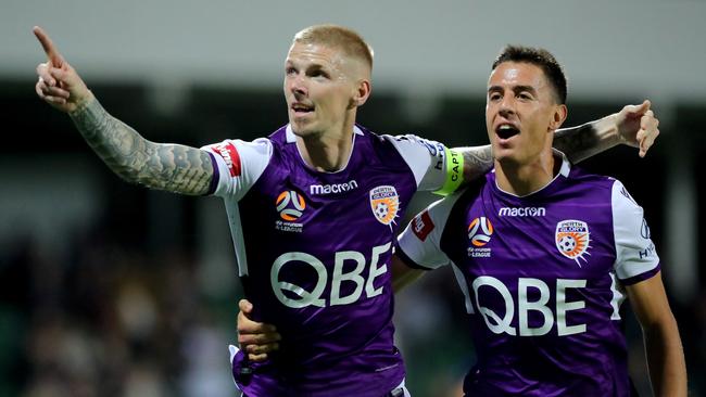Perth Glory’s Andy Keogh, left, celebrates after scoring against Brisbane earlier this month. Picture: Getty Images