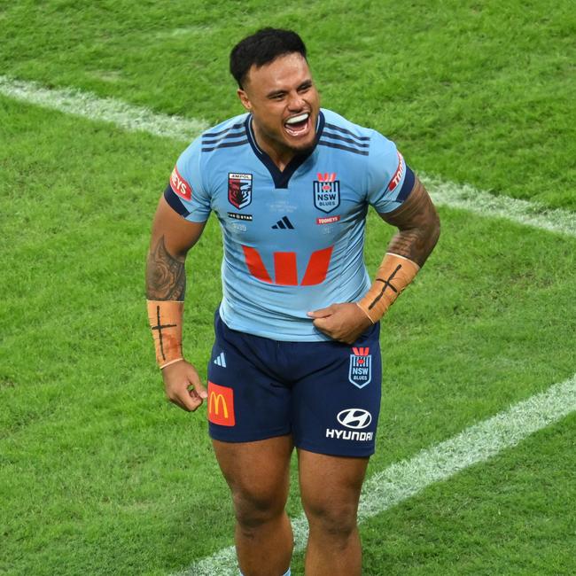 Spencer Leniu enjoys a back-and-fourth with Qld fans.
