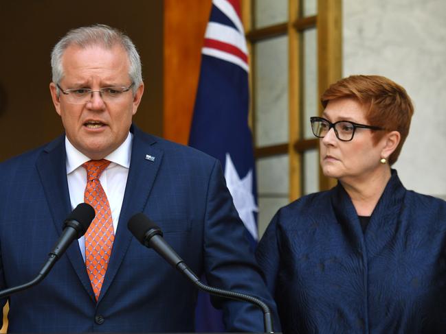 The PM and Foreign Minister Marise Payne at an update on the coronavirus. Picture: AAP’s Mick Tsikas