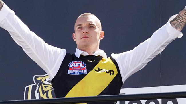 Dustin Martin Tigers celebrates their team's victory in the 2019 AFL Grand Final in Melbourne, Sunday, September 29, 2019. Richmond have beaten GWS by 89 points in the AFL grand final at the MCG. (AAP Image/Michael Dodge) NO ARCHIVING