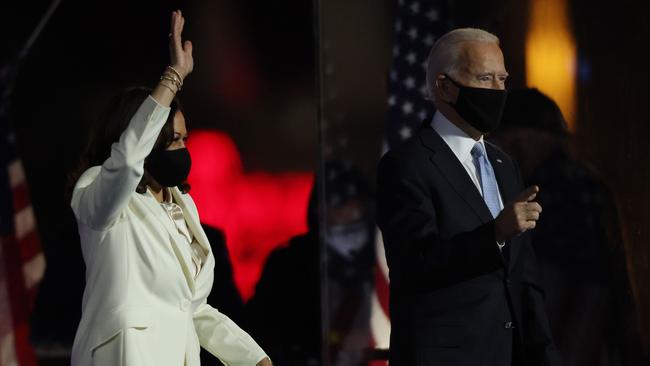 President-elect Joe Biden and Vice President-elect Kamala Harris take the stage at the Chase Center in Wilmington, Delaware. Picture: AFP