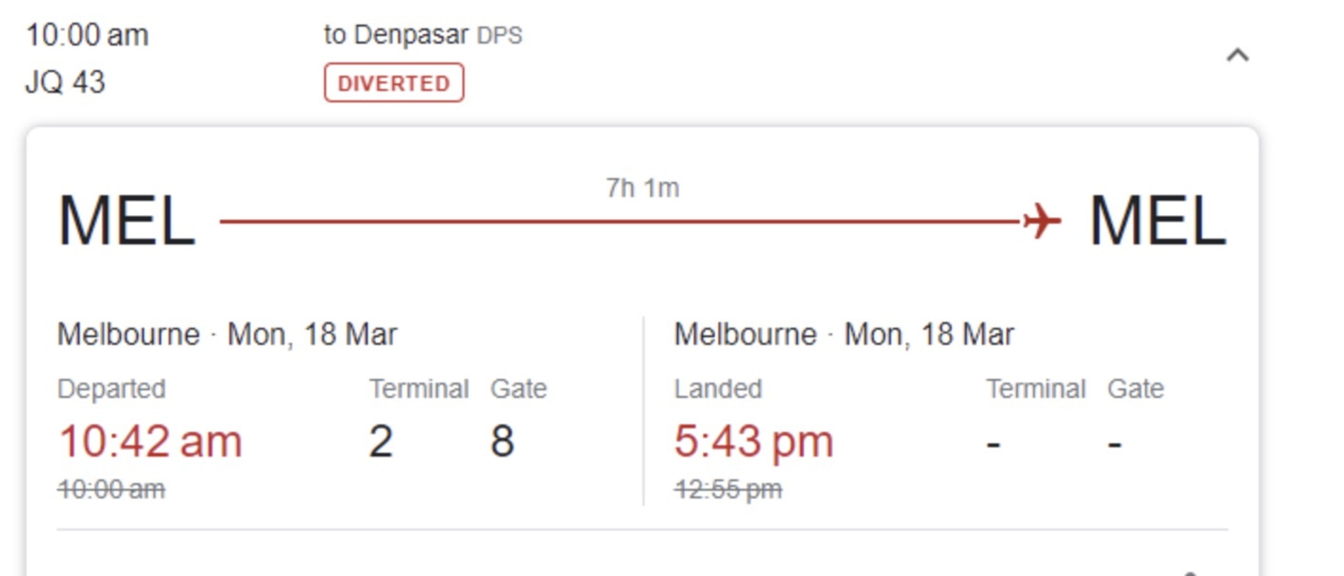 The flight had taken off at 10am only to arrive back in Melbourne at 3pm.