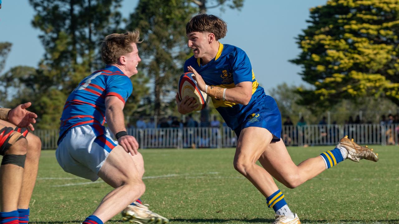 Adam Davis scores a try for TGS. 2024 OCallaghan Cup at Downlands College.Photo by Nev Madsen