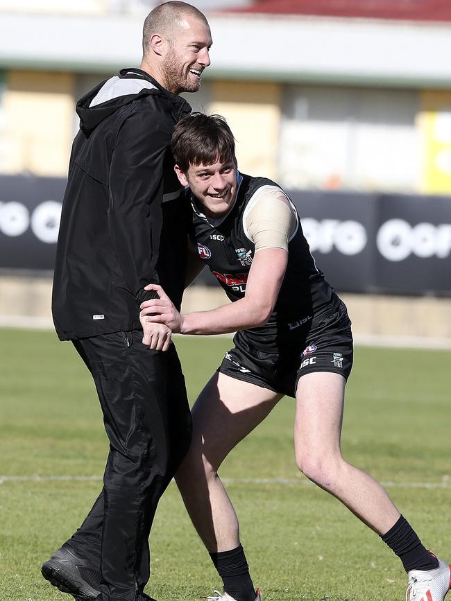 Scott Thompson at Port Adelaide training with young gun Zak Butters. Picture: Sarah Reed.