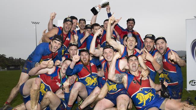 Huonville celebrate their grand final win over Cygnet last year. Picture: Zak Simmonds