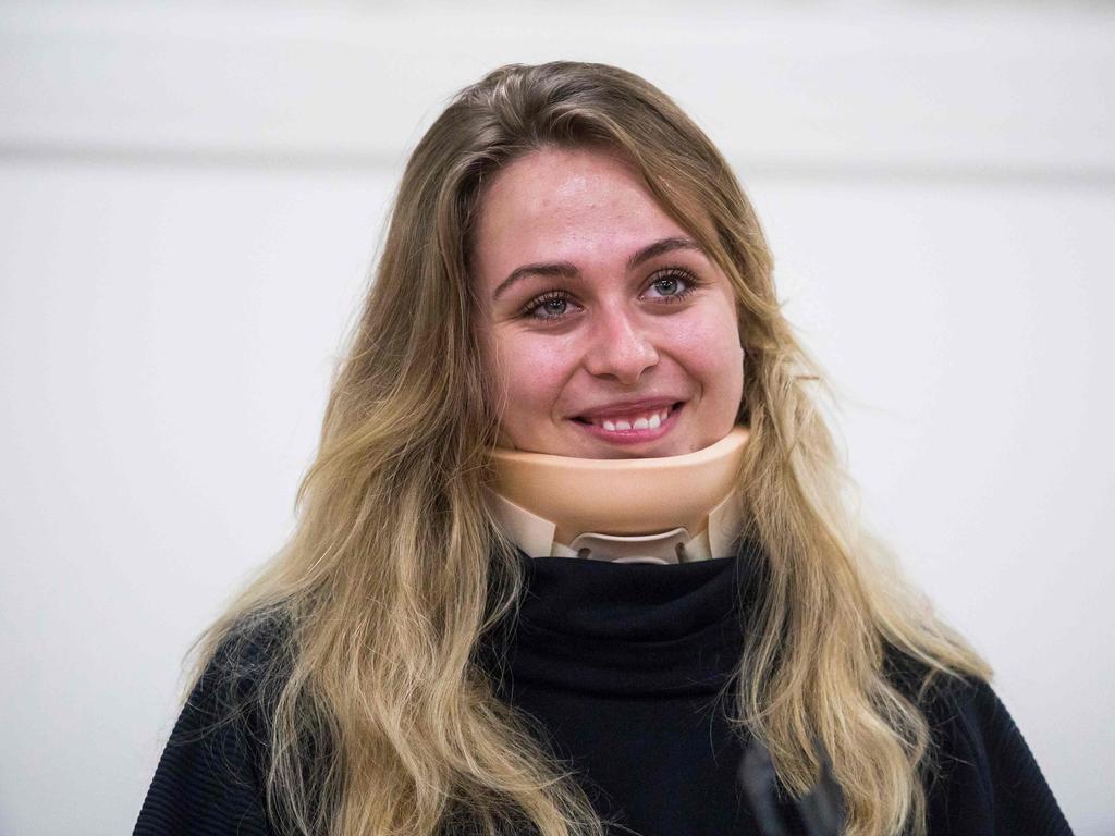 German F3 racing driver Sophia Floersch fronted a press conference with a neck brace.