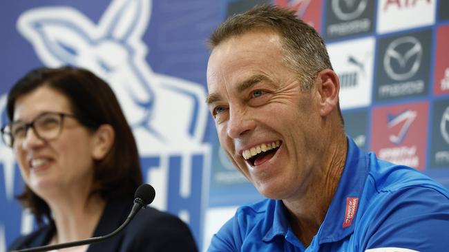 Alastair Clarkson speaks to the media after signing a deal to coach North Melbourne. Picture: Darrian Traynor/Getty Images