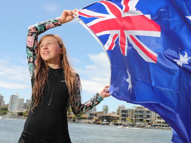 The Gold Coast celebrating Australia Day . Crowds flocked to Evandale Lakes.Waving the flag is Izabella Williams of Coomeral. Picture Glenn Hampson.