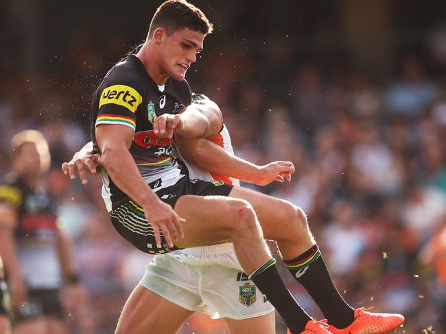 Panthers Nathan Cleary in action against the Wests Tigers. Picture. Phil Hillyard