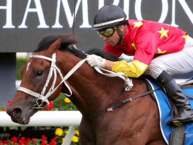 SYDNEY, AUSTRALIA - APRIL 01: Joao Moreira riding Militarize wins Race 6 Inglis Sires in "The Star Championships Day 1" during Sydney Racing at Royal Randwick Racecourse on April 01, 2023 in Sydney, Australia. (Photo by Jeremy Ng/Getty Images) (Photo by Jeremy Ng/Getty Images)