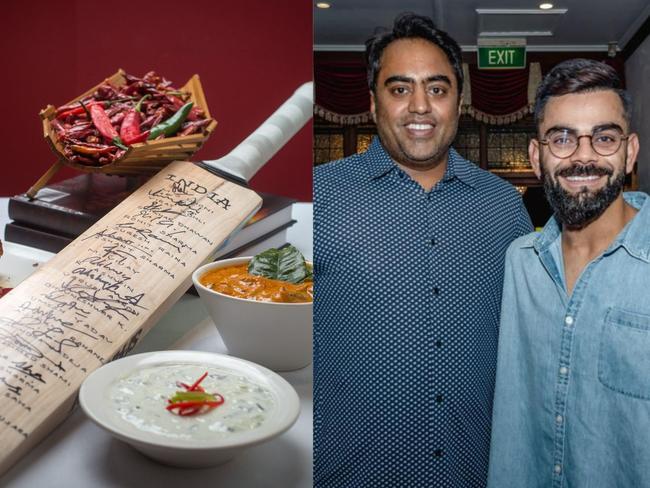 A signed cricket bat donated to Jasmin Restaurant’s owners in 2015, thanking them for their hospitality (left) and Virat Kohli at the British Raj restaurant on Henley Beach Road (right). Picture: Artwork