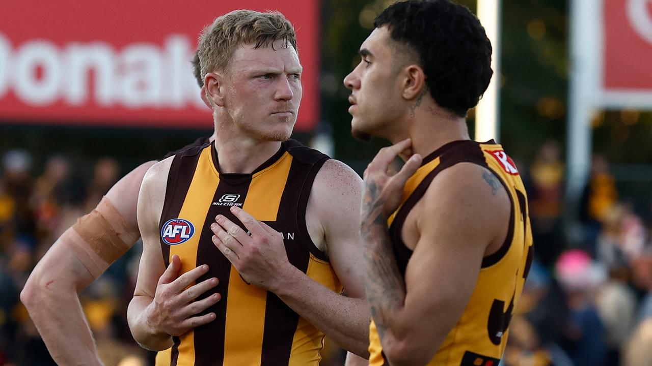 ADELAIDE, AUSTRALIA - APRIL 16: James Sicily of the Hawks looks dejected after a loss during the 2023 AFL Round 05 match between the GWS Giants and the Hawthorn Hawks at Norwood Oval on April 16, 2023 in Adelaide, Australia. (Photo by Michael Willson/AFL Photos via Getty Images)
