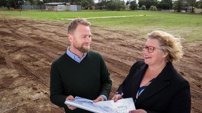 Compass Catholic Community principal Kelly Bunyon with staff member Scott Hockenhull at the site where construction is under way. Picture: Russell Millard